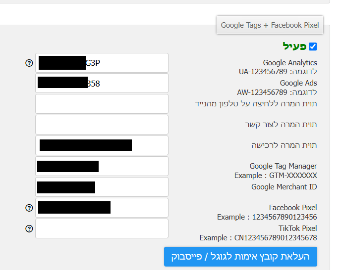 הטמעה בטואול של אנליטיקס, סירץ' קונסול, פיקסל פייסבוק, תג מנג'ר ותגי קוד נוספים
