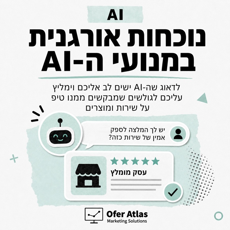 נוכחות אורגנית במנועי ה-AI: לדאוג שה-AI ישים לב אליכם וימליץ עליכם לגולשים שמבקשים ממנו טיפ על שירות ומוצרים. יש בלון של איש ששואל: יש לך המלצה לספק אמין של שירות כזה?